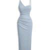 Asymmetrical Neck Sleeveless Pleated Midi Dress in Ice Blue