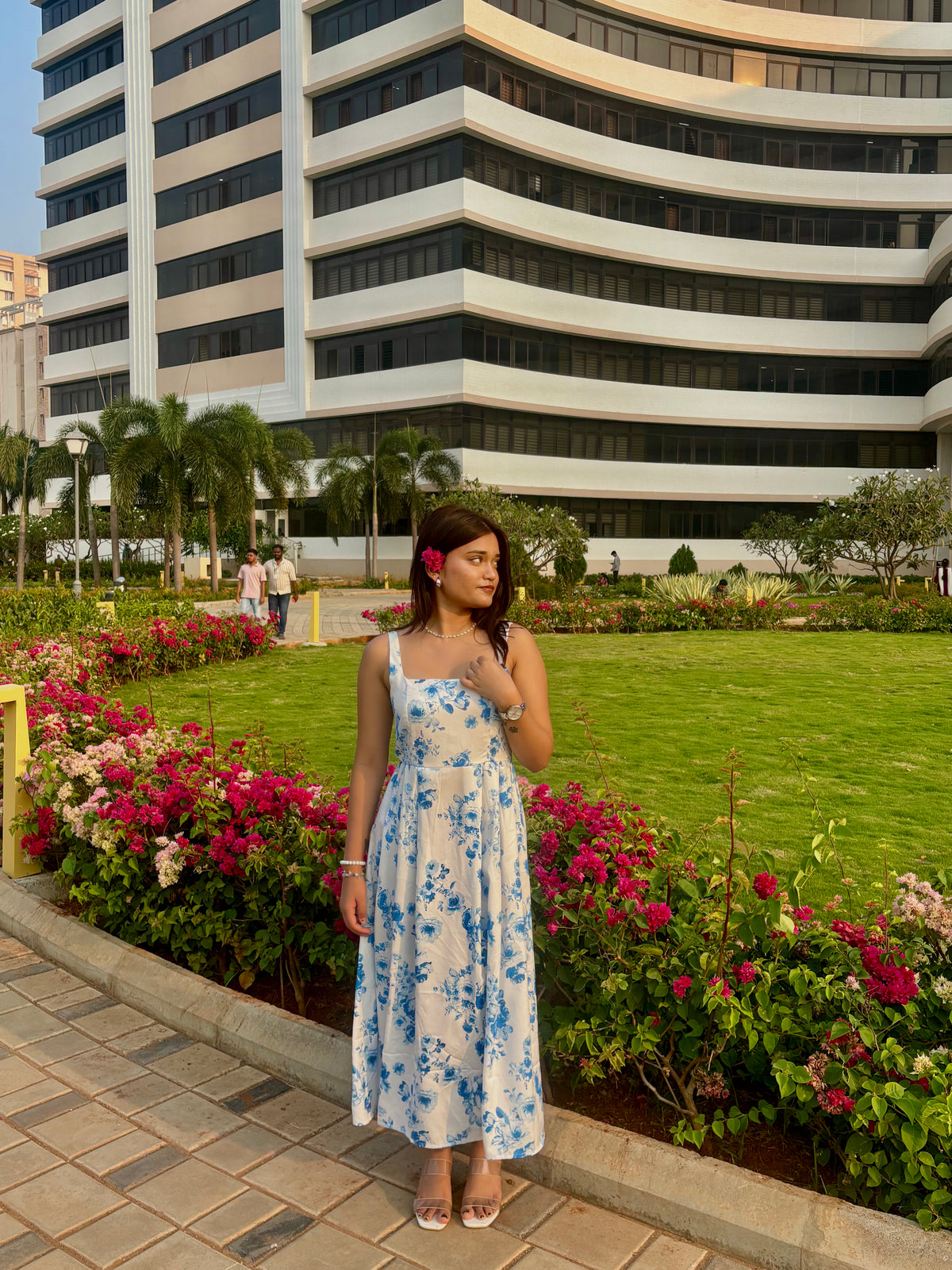 Customer photo 1 of Floral Square Neck Sleeveless Maxi Dress In Blue And White