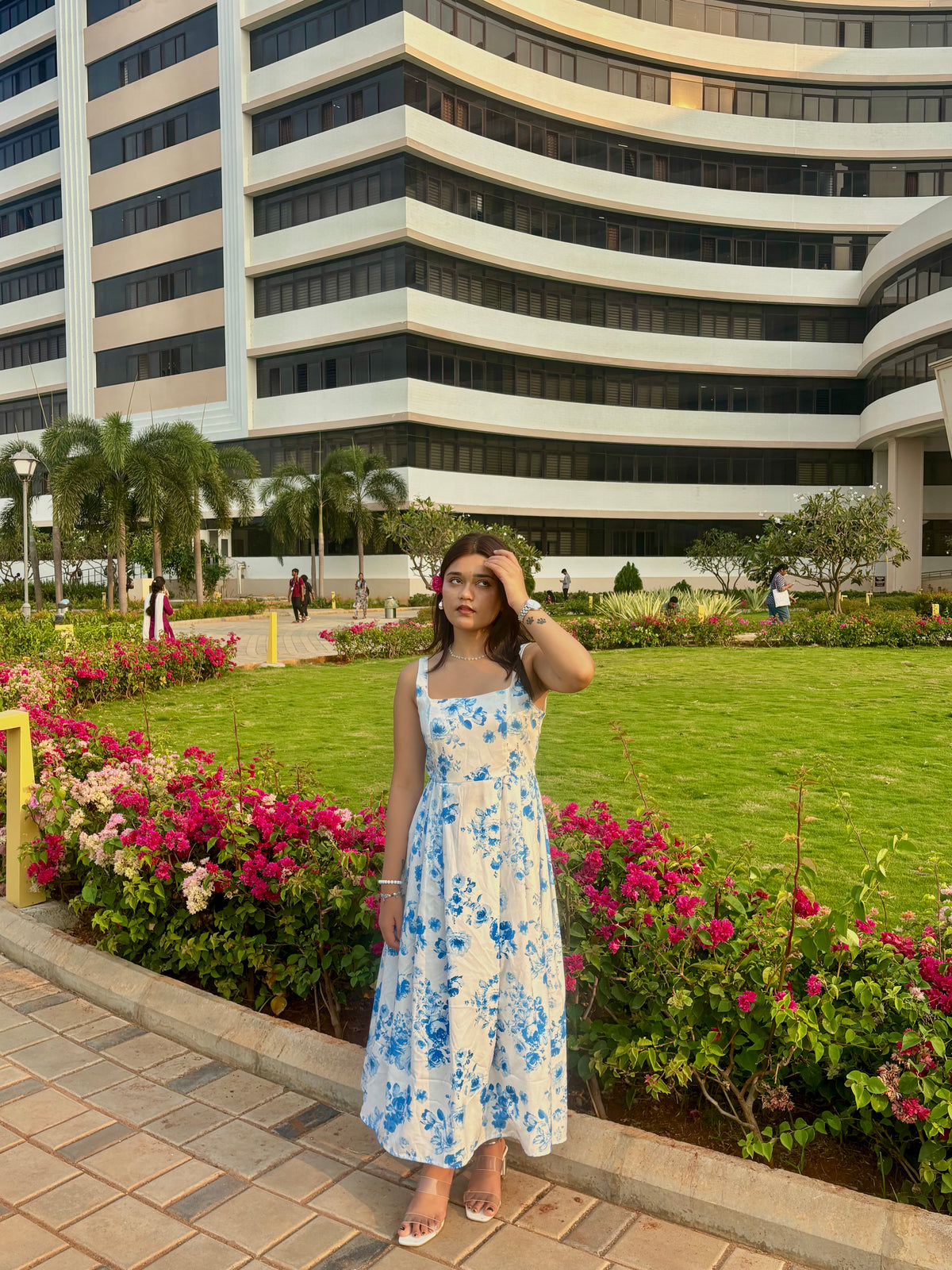 Customer photo 2 of Floral Square Neck Sleeveless Maxi Dress In Blue And White
