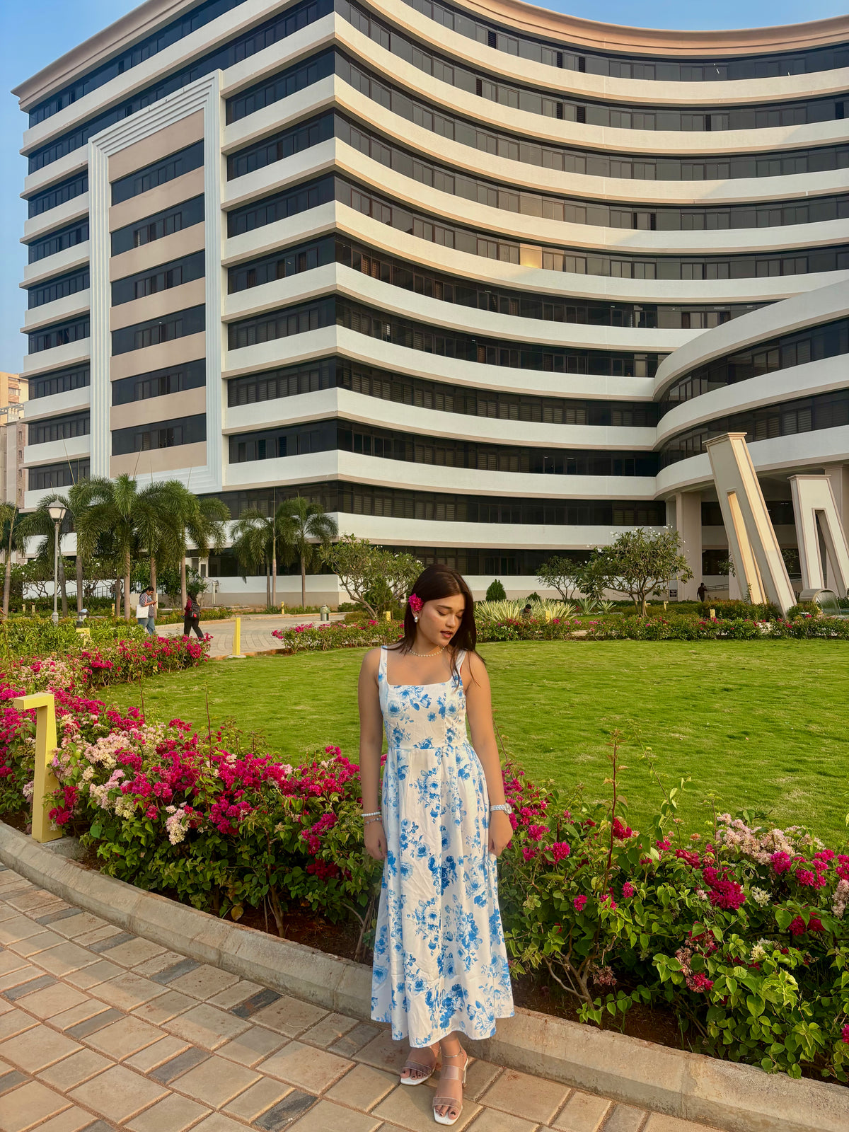 Customer photo 3 of Floral Square Neck Sleeveless Maxi Dress In Blue And White