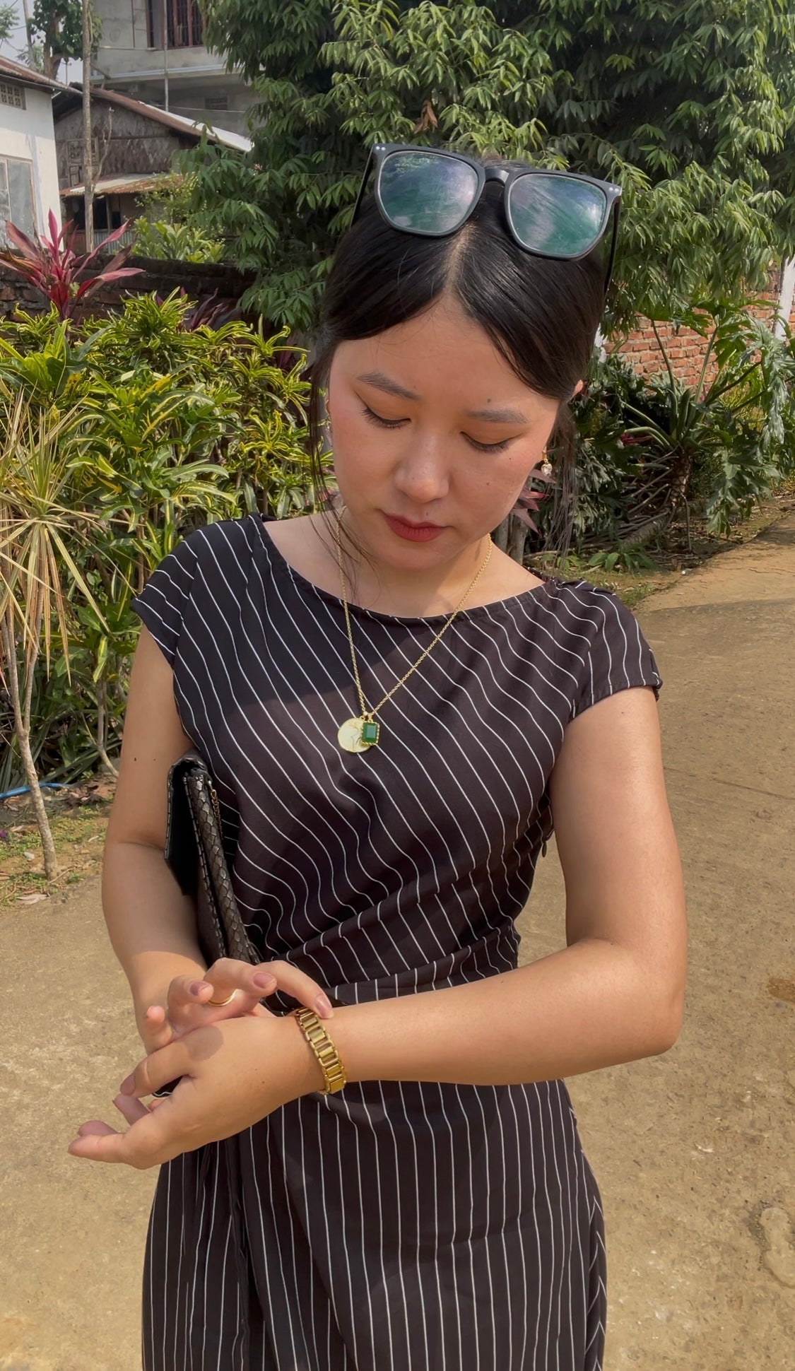 Customer photo 1 of Boat Neck Stripe Knotted Ruched Midi Dress in Black