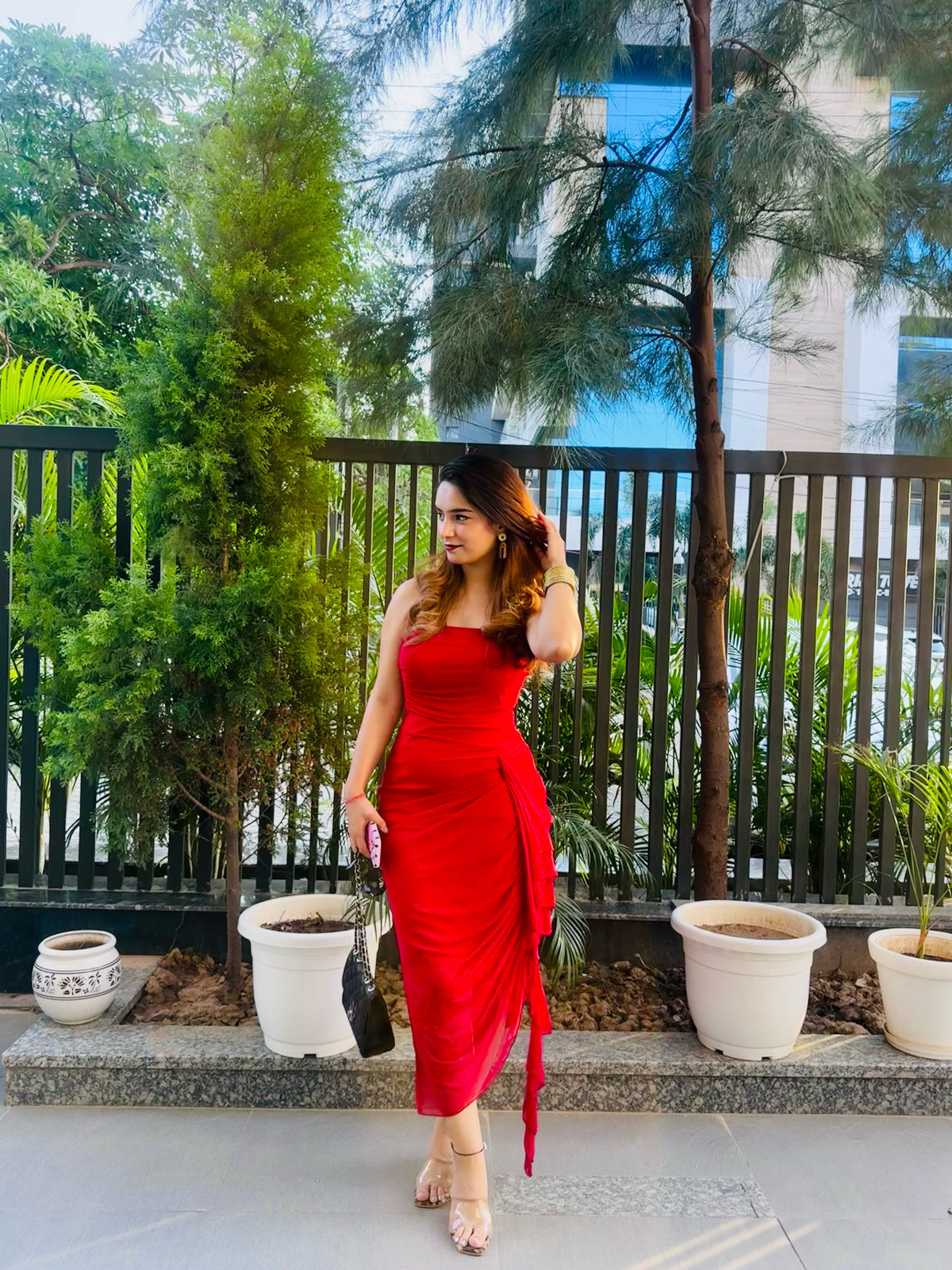 Customer photo 3 of Straight Neck Slim Fit Asymmetrical Hem Pleated Sleeveless Midi Dress in Dark Red