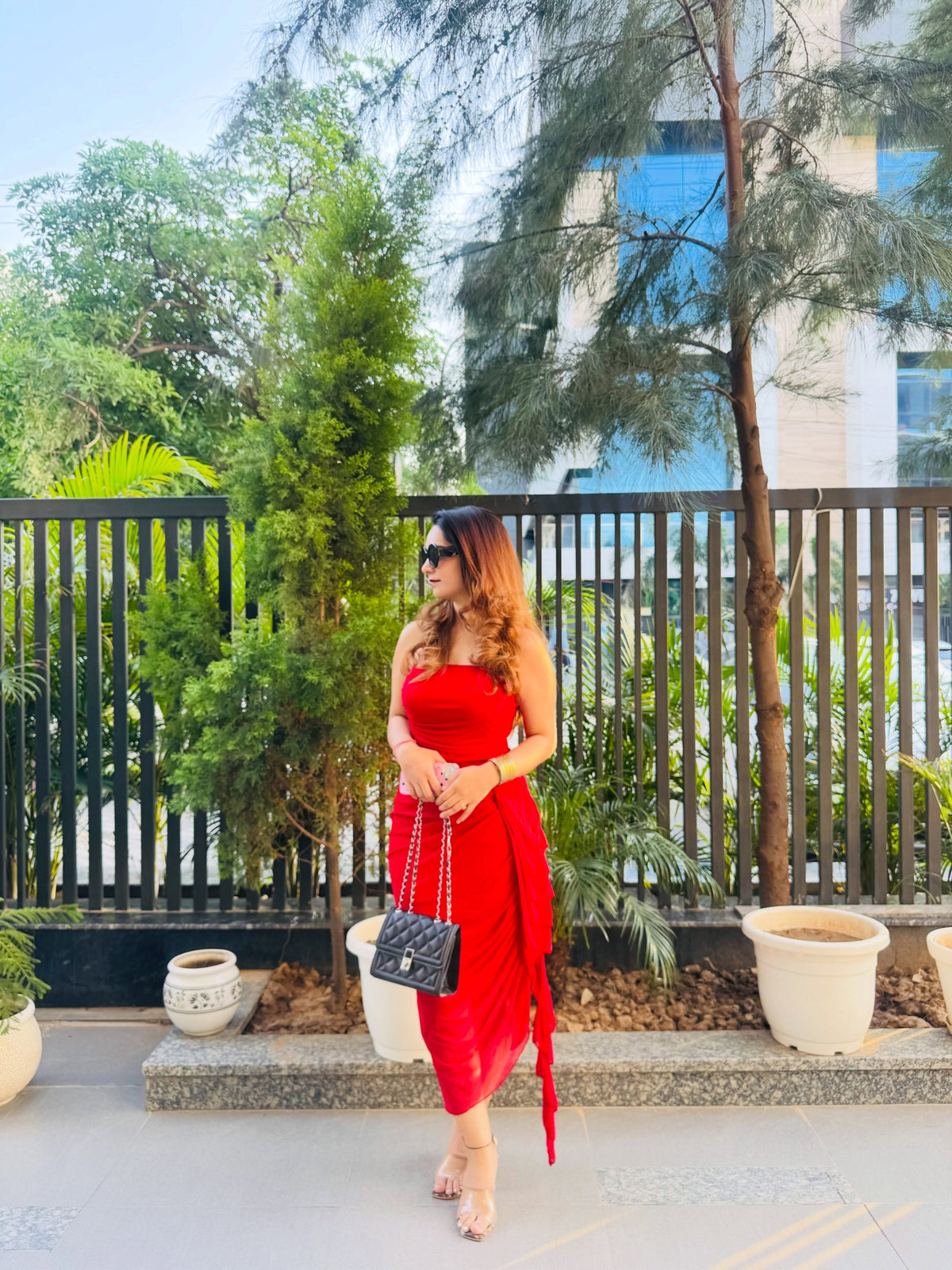Customer photo 2 of Straight Neck Slim Fit Asymmetrical Hem Pleated Sleeveless Midi Dress in Dark Red