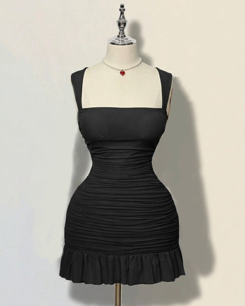 Ruffle Hem Square Neck Mini Fitted Dress in Black