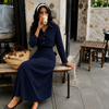 Collared Button-Down Pinstripe Long Sleeve Midi Dress in Navy Blue