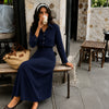 Collared Button-Down Pinstripe Long Sleeve Midi Dress in Navy Blue