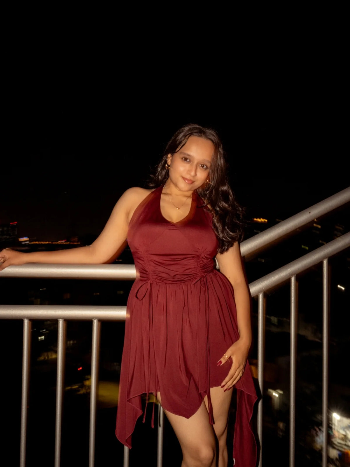 Customer photo 1 of Vintage Punk Halter Asymmetric Cinched Waist Mini Dress in Maroon