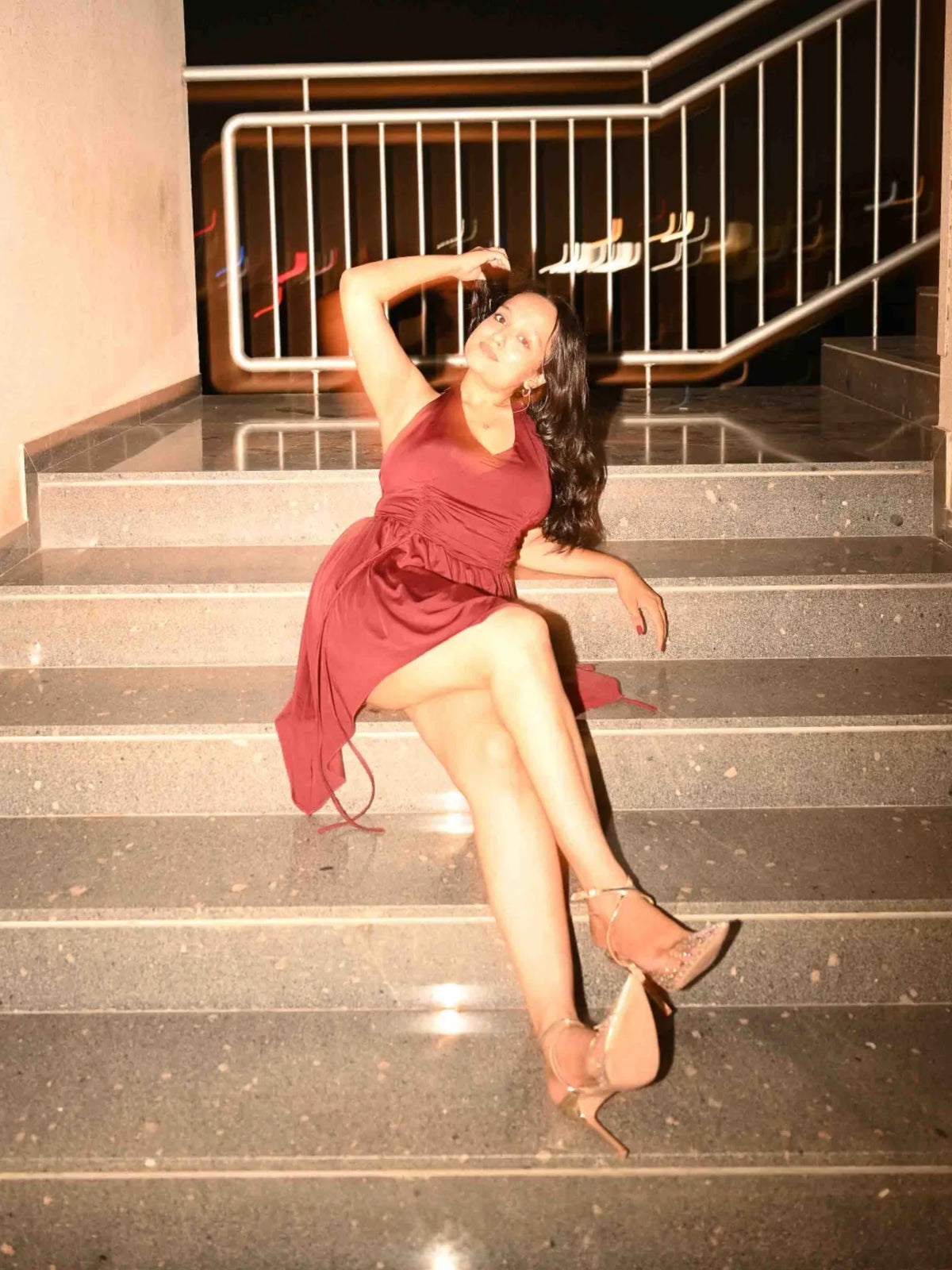 Customer photo 3 of Vintage Punk Halter Asymmetric Cinched Waist Mini Dress in Maroon