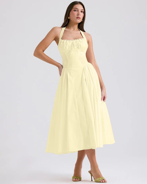Sweetheart Neck Fit and Flare Sleeveless Midi Dress in Vanilla