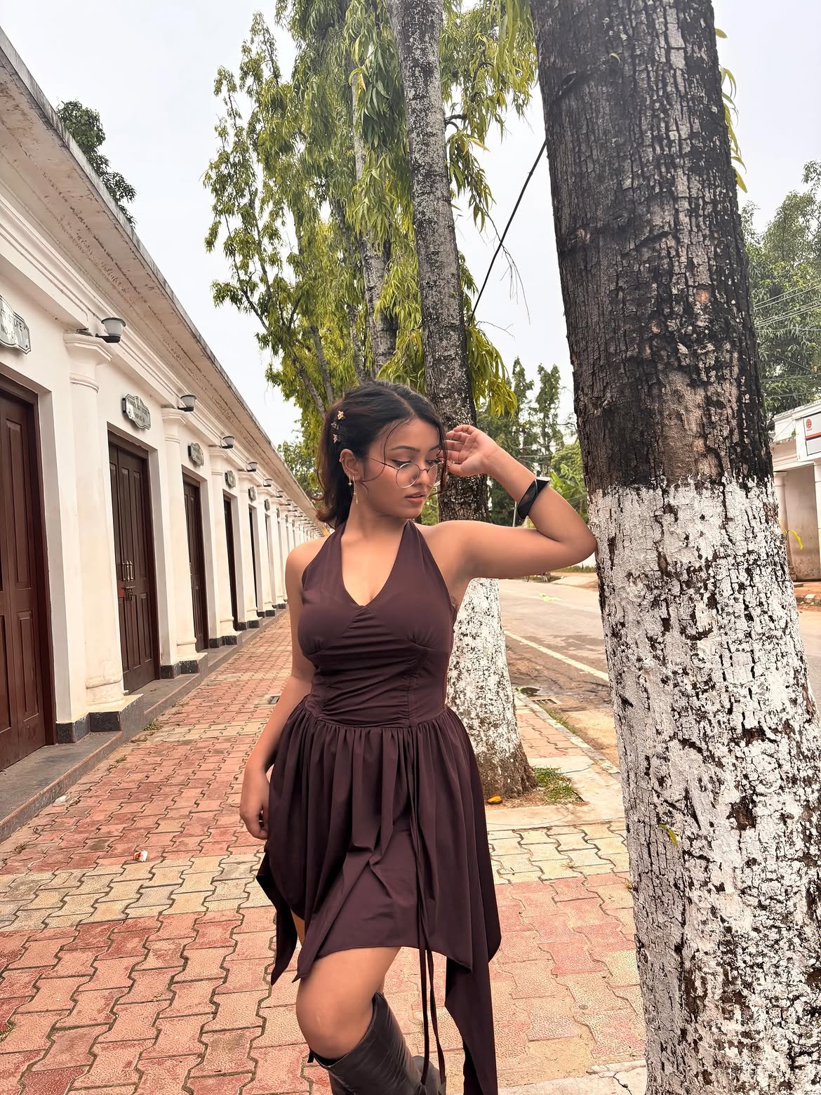 Customer photo 2 of Vintage Punk Halter Asymmetric Cinched Waist Mini Dress in Chocolate Brown