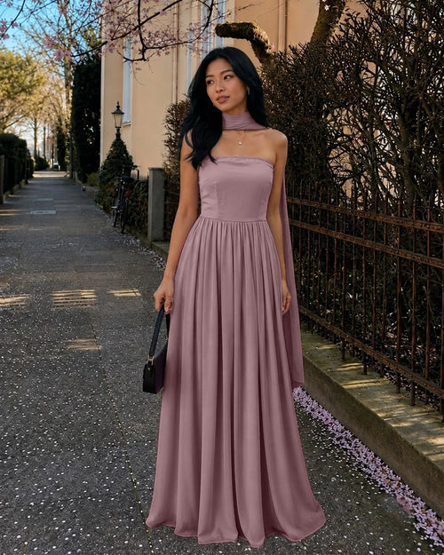 Strapless Flared Maxi Dress with Scarf in Dusty Pink