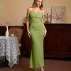 Off Shoulder Mermaid Slim Fit Straight Hem Solid Midi Dress in Green