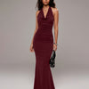Halter Neck Bodycon Party Wear Maxi Dress in Maroon