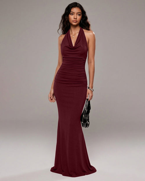 Halter Neck Bodycon Party Wear Maxi Dress in Maroon