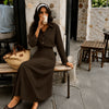 Collared Button-Down Pinstripe Long Sleeve Midi Dress in Cocoa Brown