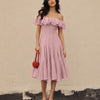 Layered Off Shoulder Fit and Flare Midi Dress in Dusty Pink