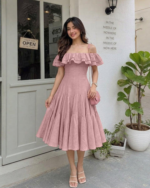Layered Off Shoulder Fit and Flare Midi Dress in Dusty Pink