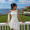 Ruffle Hem Asymmetrical Neck Mini Dress in White