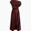 Asymmetrical Boat Neck Ruffle Maxi Dress In Deep Maroon