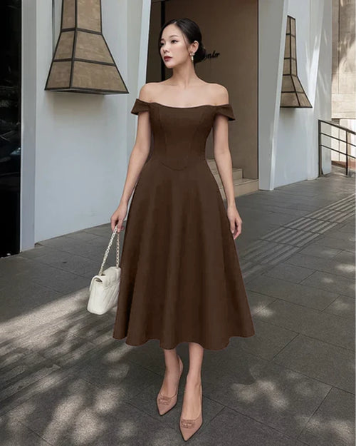Off Shoulder Cinched Waist Midi Dress in Chocolate Brown