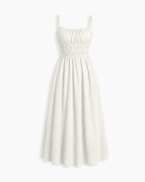 Ruched Bodice Fit and Flare Midi Dress In Off White