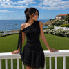 Ruffle Hem Asymmetrical Neck Mini Dress in Classic Black
