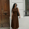 Button Front Sleeveless Fit and Flare Midi Dress in Cocoa Brown