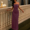Shimmer Square Neck Spaghetti Strap Maxi Dress in Wine Maroon