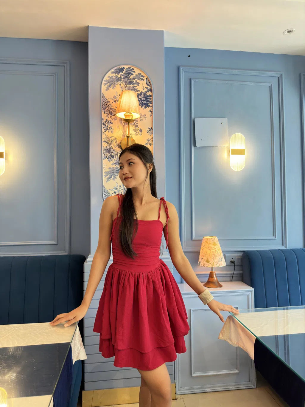 Customer photo 1 of Tie Shoulder Layered Ruched Cami Dress In Pink