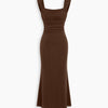 Square Neck Ruched Shimmer Mermaid Maxi Dress in Brown