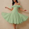 Layered Off Shoulder Fit and Flare Midi Dress in Dusty Green
