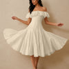 Layered Off Shoulder Fit and Flare Midi Dress in Cream