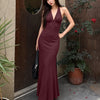Plunge Neck Satin Maxi Dress in Wine Maroon