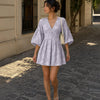 Embroidery Floral Puff Sleeve Ruffle Hem Mini Dress in Lilac