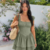 Square Neck Textured Waist-Cinching Green Dress
