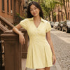 Striped Collared Puff Sleeve Button Down Mini Dress in Lemon Yellow