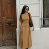 Button Front Sleeveless Fit and Flare Midi Dress in Rust Brown