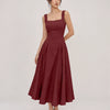 Square Neck Ruched Waist A-Line Midi Dress in Burgundy