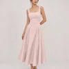 Square Neck Ruched Waist A-Line Midi Dress in Baby Pink