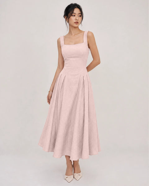 Square Neck Ruched Waist A-Line Midi Dress in Baby Pink