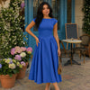 Boat Neck Fitted Waist A Line Midi Dress in Denim Blue