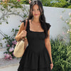 Square Neck Textured Waist-Cinching Black Dress