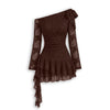 Lace Detail Floral Embroidered One Shoulder Ruffle Mini Dress in Chocolate Brown