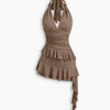 Halter Neck Ruched Ruffle Asymmetric Mini Dress in Cocoa Brown