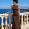 Floral Lace Crew Neck Ruched Midi Dress in Caramel Brown