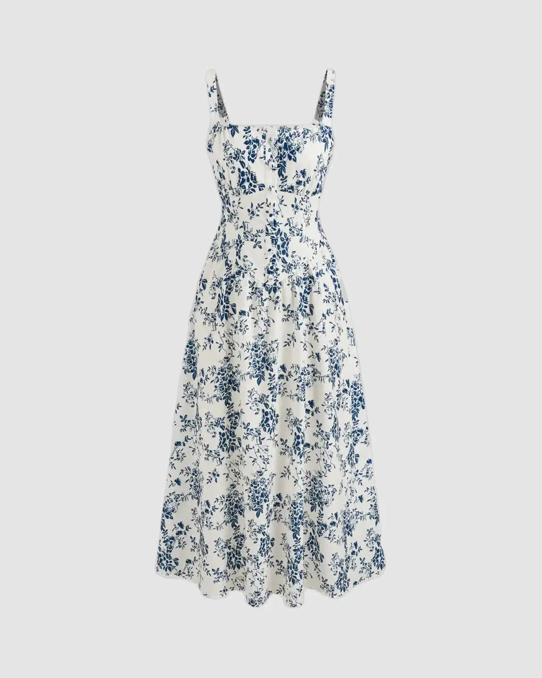 Square Neck Floral Corset Lace Up Midi Dress - Main Image
