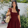 Square Neck Textured Waist-Cinching Maroon Dress