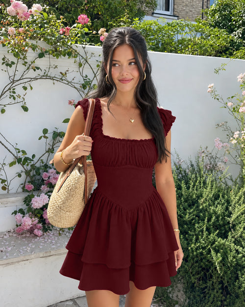 Square Neck Textured Waist-Cinching Maroon Dress