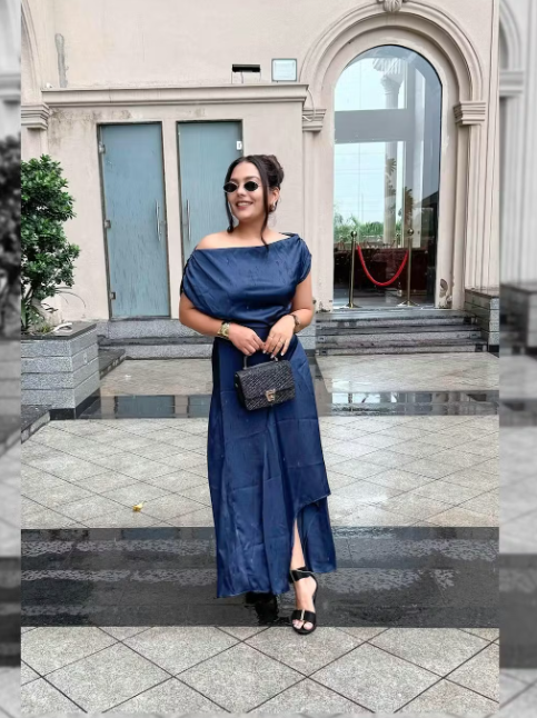 Customer photo 1 of Asymmetrical Boat Neck Ruffle Maxi Dress In Navy Blue