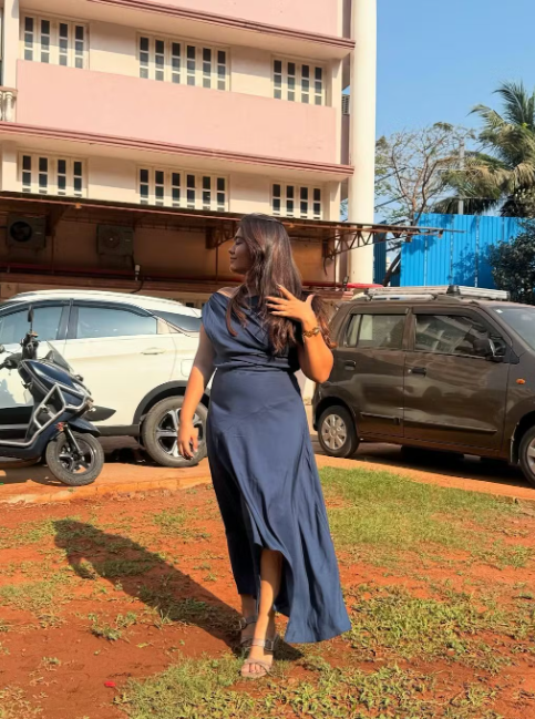 Customer photo 2 of Asymmetrical Boat Neck Ruffle Maxi Dress In Navy Blue